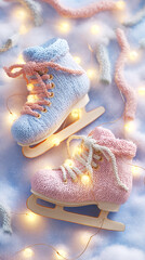 Top view of knitted ice skates in soft pink and blue tones surrounded by festive string lights. Cozy winter composition for holiday design, children themes, seasonal backgrounds, and lifestyle visuals