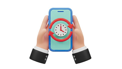 Hands holding smartphone with clock and refresh icon