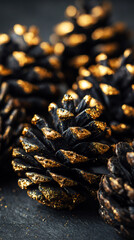Vertical background, close up black pine cones with gold accents. Elegant Christmas decor detail for festive designs, luxury winter themes, holiday backgrounds, and seasonal visual compositions.