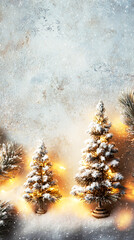 Fairy style scene with small decorative trees, snow, and glowing golden light. Childlike illustrated winter mood perfect for festive backgrounds, holiday stories, and seasonal design projects.