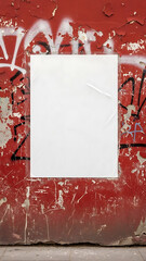 Blank white poster on a distressed, peeling red wall with graffiti, showcasing urban decay and a space for new messages.