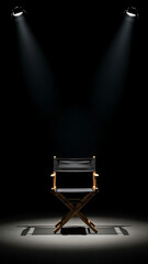 A director's chair illuminated by two bright spotlights on a dark stage, creating a dramatic scene.