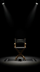 A director's chair illuminated by two spotlights on a dark stage, creating strong shadows.