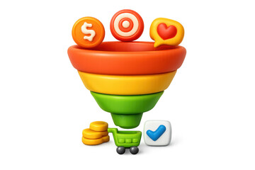 Colorful sales funnel icon with dollar, target, heart, and shopping cart for marketing design