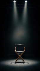 A director's chair sits alone on a dark stage, illuminated by two bright spotlights from above, creating a dramatic and empty scene.