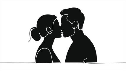 Continuous one line drawing of romantic couple kissing. Abstract lovers silhouette icon. Vector illustration for Valentine's Day or Wedding. Minimalist black and white art of man and woman side view.