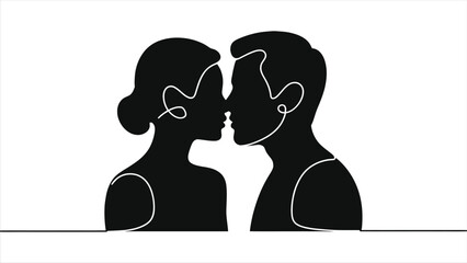 Romantic Couple Kissing Silhouette Vector &ndash; Minimalist Side View Artwork for Valentine&rsquo;s Day, Love, Romance, Relationship Concept, Black and White Line Art Illustration for Posters and Cards