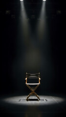 A director's chair sits empty on a dark stage, illuminated by two bright spotlights from above, creating a dramatic and solitary scene.