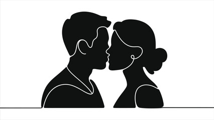 Romantic Couple Kissing Silhouette Vector in Side View - Love, Valentine&rsquo;s Day, Relationship Concept, Minimal Line Art, Man and Woman in Love, Passionate Kiss Illustration Isolated on White