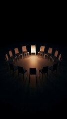 A circle of chairs in a dark room with a central chair brightly lit, suggesting a meeting or therapy session.