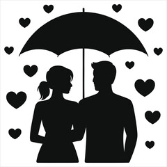 Valentine's Day Couple Silhouette Under Umbrella with Floating Hearts - Romantic Love Icon Vector Illustration