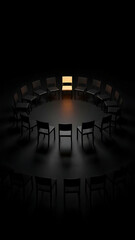 A single brightly illuminated chair stands out in a dark circular arrangement of empty seats, symbolizing focus or a spotlight.