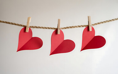 Red paper hearts hanging on a rope with clothespins