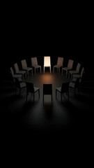 A circle of dark chairs with one white, illuminated chair in a dimly lit room, suggesting a meeting or focus.