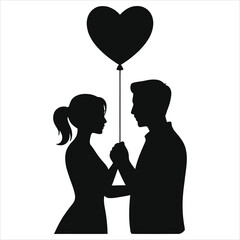 Romantic couple silhouette holding a heart balloon. Man and woman in love. Vector illustration for Valentine's Day, anniversary, or dating concept. Minimalist love symbol isolated on white background.