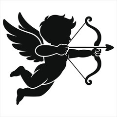 Valentine's Day Cupid Silhouette Vector - Flying Angel Aiming Bow and Arrow, Love Romance Icon, Black Cutout Illustration Isolated on White for Cards, Posters, Invitations, Decor and stickers cliparts