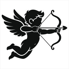 Cupid silhouette aiming bow and arrow vector. Black angel shooting love arrow for Valentine's Day. Romantic holiday symbol, isolated flying cherub with wings. Love and romance icon design element.