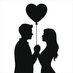 Romantic Couple Silhouette Holding Heart Balloon Vector Illustration &ndash; Valentine's Day Love Concept, Black and White Minimal Art for Wedding, Anniversary, or Romantic Greeting Designs