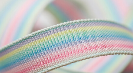 Close up shot shows vibrant rainbow color knitted texture. Macro textile backdrop displays multicolored fabric pattern. Abstract yarn lines create spectrum gradient from blue to red.