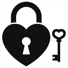 Valentines Day heart padlock and key icon vector illustration, love lock symbol with keyhole, romantic security concept, minimal black silhouette isolated on white background, romantic couple logo art