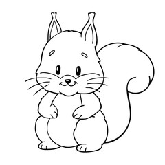 Squirrel coloring page for kids, black and white simple line woodland animal illustration