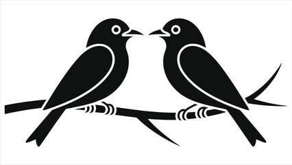 Romantic Valentine's Day Vector Illustration Featuring Two Love Birds Silhouette Perched on a Tree Branch, Minimalist Black and White Graphic Design for Wedding Invitations and Anniversary Cards