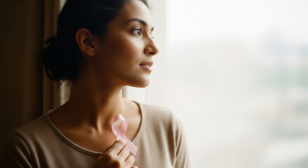 Oncology patient showing breast cancer awareness ribbon, supporting ill people, promoting early treatment, medical checkup, disease prevention. Healthcare, world cancer day concept. Close up of hand