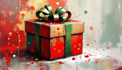 Gift wrapped in red and green with a bow sits against a colorful background during the Christmas season Generative AI
