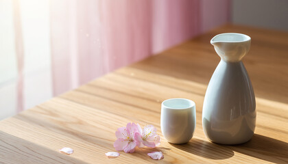 春の陽だまりに置かれた徳利とお猪口と桜の花、左側に広いコピースペースがある日本酒と和食の背景素材