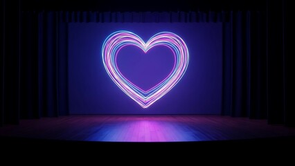 Nested Multi-Layered Neon Heart Light on Dark Stage with Wood Floor and Blue Curtains Valentine