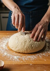 Obraz premium Close up view of hands working and mixing fresh raw bread dough ingredients on a wooden board ready for baking in the kitchen area ,unprocessed ,close up ,kneading