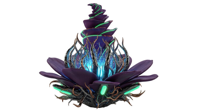 Mystical alien plant emitting cosmic glowing energy isolated on transparent background