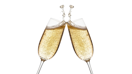 Two champagne flutes clinking together in a celebratory toast, with bubbly champagne spilling out