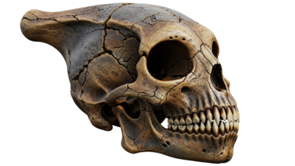 A detailed view of a unique, weathered skull, possibly ancient or prehistoric. The skull exhibits intricate details and textures, showcasing its age and history