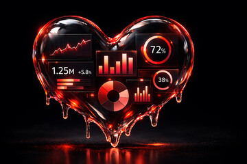 Futuristic Data Analytics Heart Shaped Dashboard With Financial Charts And Metrics