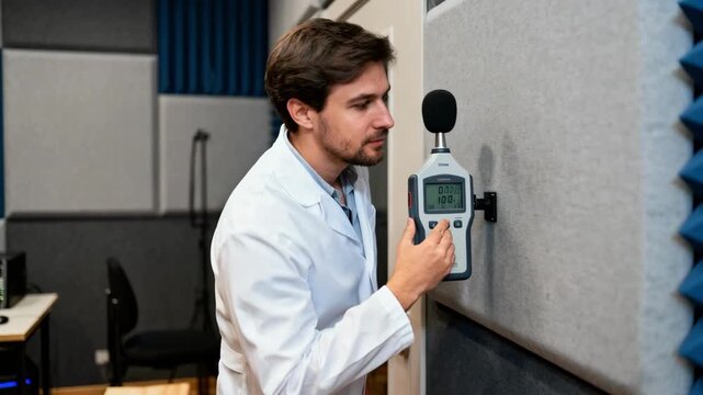 Technician measuring noise levels in a soundproof studio to assess acoustic insulation performance and ensure optimal sound quality for recordings.
