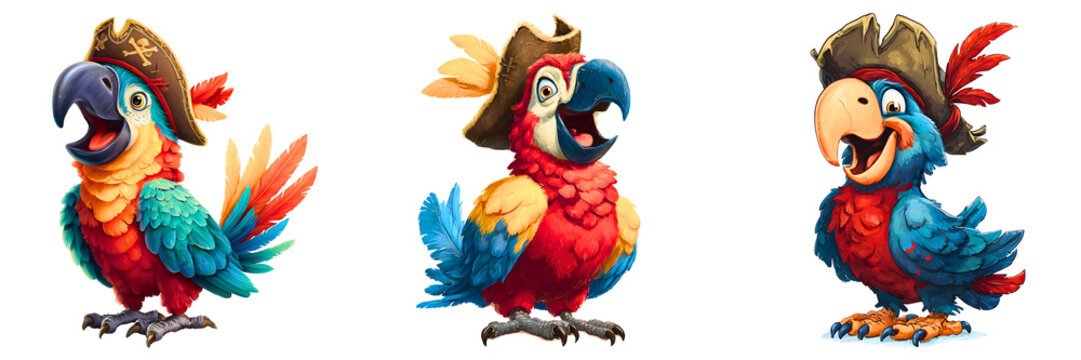 set of cartoon pirate parrot isolated on a white or transparent background.