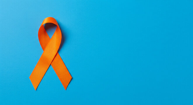 World Multiple Sclerosis Day. Horizontal banner. Copy space. Orange ribbon on a background for leukemia, kidney cancer, multiple sclerosis RSD awareness - Powered by Adobe