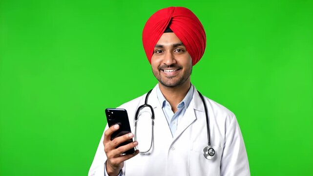 Indian Doctor Using Smartphone Telemedicine Green Screen Turban Portrait
