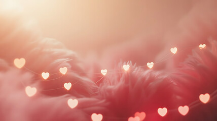 String of glowing heart shaped lights on pink feathers