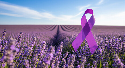A lavender field with a purple ribbon banner commemorating World Cancer Day, a global campaign to raise awareness, support, and promote health awareness related to cancer.
