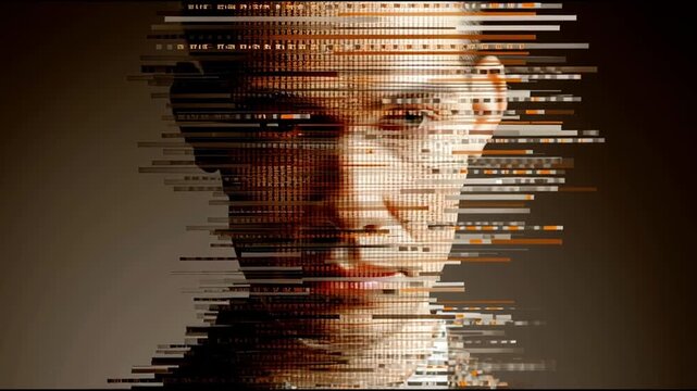 Digital Identity Fragmentation Portrait with Glitch Effect. A surreal digital portrait of a human figure fragmented into horizontal data-like layers, symbolizing identity distortion, data overload.