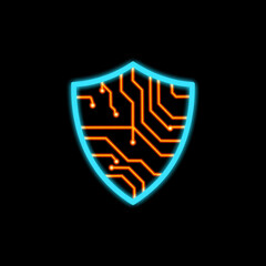neon shield with circuit board design on black background