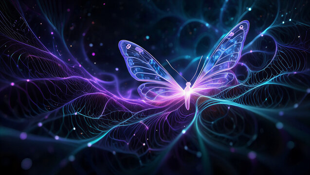 Glowing purple butterfly with blue neon light trails in dark space - Powered by Adobe
