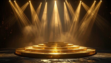 Circular stage with golden spotlights cascading from above onto concentric steps, dramatic dark background.
