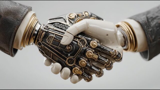 Futuristic robot hand engaging in a handshake with another robot representing ai-mediated collaborative partnership. Futuristic Robot Handshake Representing AI-Mediated Collaborative Partnership