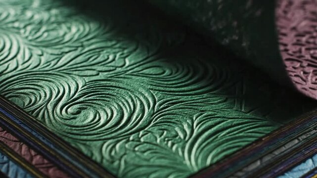 Detailed view of a luxurious textured surface with an elegant, embossed floral pattern in a rich, antique-inspired hue.