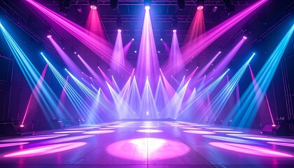 Vibrant stage setup with beams of pink, purple, and blue lights radiating from above, festive concert atmosphere.
