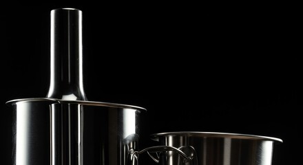 Gleaming surfaces of various stainless steel kitchen implements showing high reflectivity and cold metallic textures used for preparing food ,hygienic ,pot ,equipment