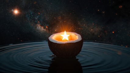 A glowing star-shaped candle burns brightly in a coconut shell floating on rippling water against a stunning starry night sky.